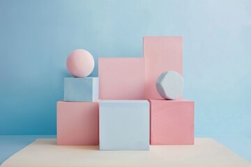 Minimalist still life composition with geometric shapes and soft pastel colors