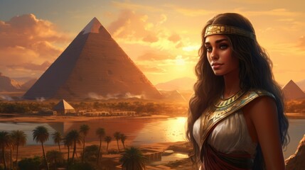 Landscape with ancient Egyptian pyramids, beautiful sky and sunset. The concept of ancient history. AI-generated. - 767204224