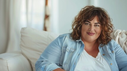 Naklejka premium Woman with curly hair wearing a light blue denim jacket over a white top seated on a white sofa smiling at the camera.