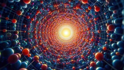 An awe-inspiring 3D fractal rendering of a cosmic spiral vortex, composed of countless spherical orbs in vibrant shades of red, orange, and blue, radiating mesmerizing patterns. - obrazy, fototapety, plakaty