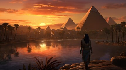 Landscape with ancient Egyptian pyramids, beautiful sky and sunset. The concept of ancient history. AI-generated. - 767204253