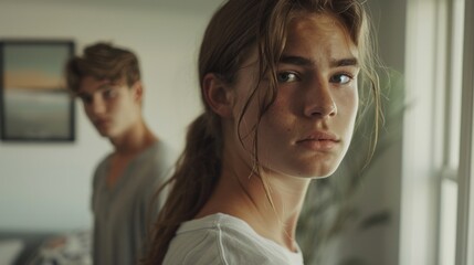 A young sad couple stands in a room with a window looking to the side with a thoughtful expression while a man in a gray shirt stands behind her looking at her with a concerned