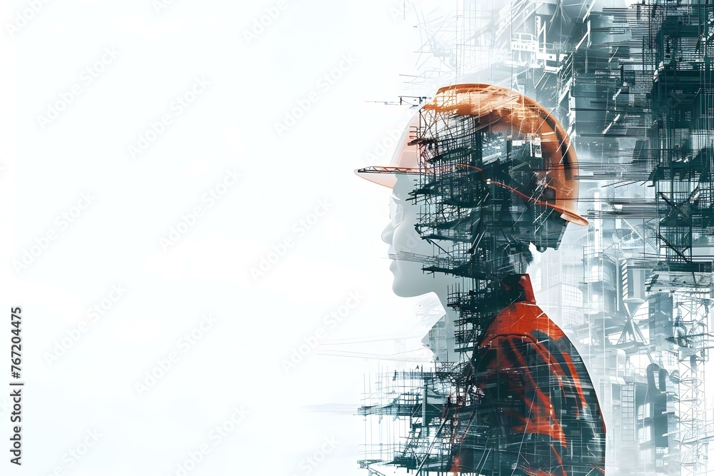 Aufkleber creating a double exposure of building engineers and construction workers utilizing modern civil equ