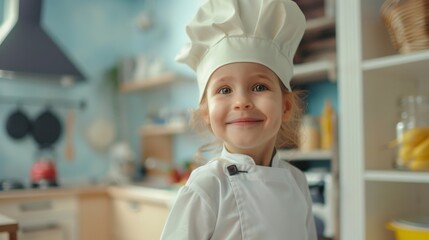 Young girl in chef's outfit smiling in kitchen with blue walls white cabinets and various cooking utensils and ingredients.
