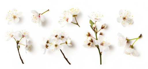 set / collection of white cherry flowers isolated over a transparent background, cut-out seasonal floral spring, nature or fruit tree design elements, twigs, buds and single flowers, top view, PNG