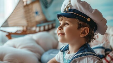 A young child dressed as a sailor wearing a hat with a star sitting on a bed and looking up at a sailboat decoration with a joyful expression. - obrazy, fototapety, plakaty