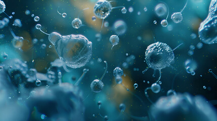 luminous blue bubbles , illuminated blue cell partical a science and technology background - obrazy, fototapety, plakaty
