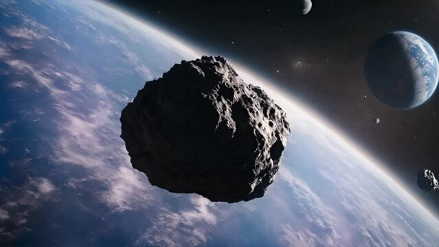 Asteroid Meteor Entering Atmosphere Alpha Matte Space Fire Burn Universe. Attack of the asteroid on the Earth . earth planet, sun and asteroid