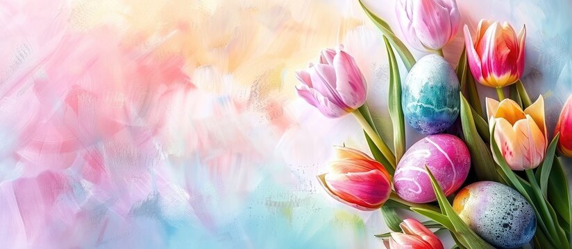 Design of an Easter greeting card featuring a bouquet of tulips and painted eggs against a white abstract backdrop.