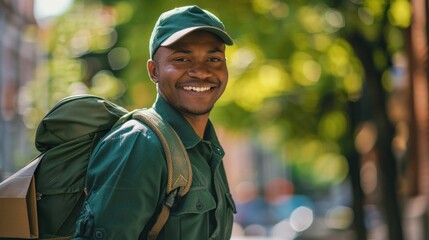 Smiling man in green uniform with backpack standing on sunny street with blurred background of trees and buildings.