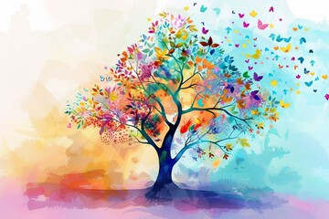 Colorful tree with leaves on hanging branches illustration background. 3d abstraction wallpaper . Floral tree with multicolor leaves