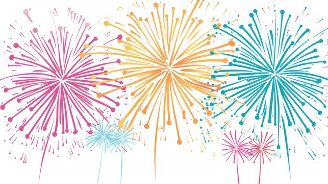 A series of clipart fireworks, bursting forth in a dazzling display of light and color, against a simple white background.
