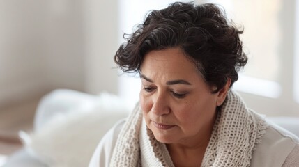A woman with short curly hair wearing a white knitted scarf looking down with a thoughtful expression.