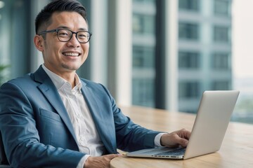 Disabled Asian businessman in a suit and wheelchair, smiling and working with a laptop in a modern office - obrazy, fototapety, plakaty