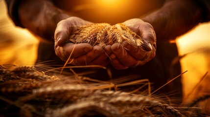 The hands of a farmer close-up holding a handful of goldenwheat grains in wheat field. Concept of ag - obrazy, fototapety, plakaty