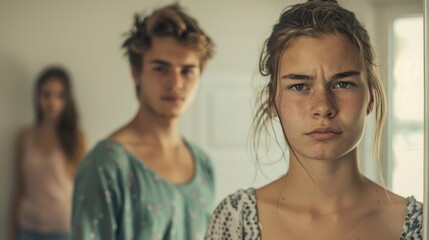 A young woman with freckles a serious expression and messy hair standing in a room with a blurred background possibly indicating a candid or dramatic moment.