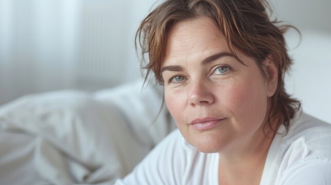Woman with brown hair green eyes and a thoughtful expression wearing a white top sitting on a bed with white sheets.