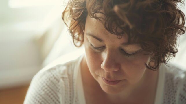 A woman with curly hair wearing a white top looking down with a thoughtful expression.