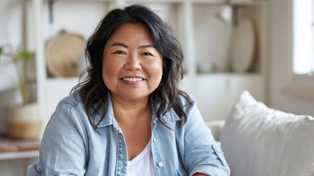 Asian woman smiling wearing blue denim jacket sitting in cozy room with white walls and plants.