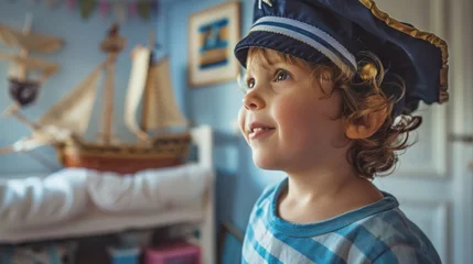  A young child with curly hair wearing a pirate hat gazing upwards with a smile in a room decorated with sailboat models and a nautical theme. © iuricazac