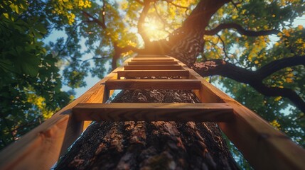 Ladder leaning against a giant tree - obrazy, fototapety, plakaty