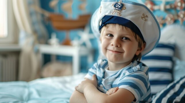 Young boy in sailor's hat smiling wearing striped shirt sitting on bed with blue and white bedding in room with nautical decor.