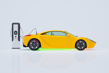 Sleek Yellow Electric Sports Car Charging at Eco-Friendly Station - obrazy, fototapety, plakaty