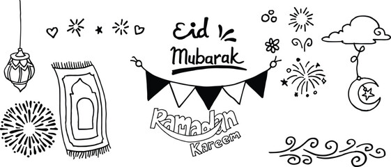  beautiful greeting card design elements. Hand drawn Ramadan Kareem and mosque background, Vector illustration with flashlights. Islamic Festival celebration.Arabic lined lanterns isolated