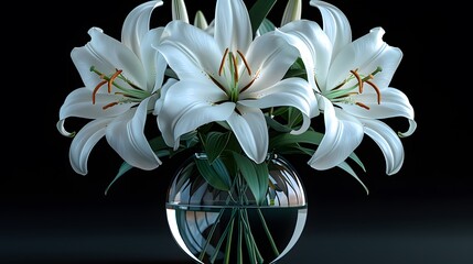 a single white lily in a sleek glass vase, against a deep black background, highlighting the graceful curves and delicate beauty in full ultra HD realism.