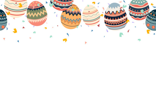 colourful retro painted eggs and confetti seamless banner horizontal with happy Easter