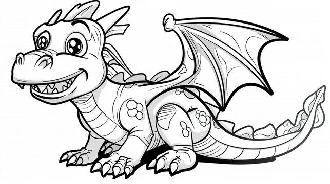cartoon of dragon children coloring book page, white background