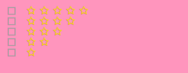 Gold, gray five stars shape on a pink background. Rating stars with tick. Feedback evaluation. Rank quality. Banner.