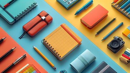 a variety of school and college supplies, such as notebooks, pencils, glue sticks, and index cards, each item showcased in meticulous detail against different solid color backgrounds. - obrazy, fototapety, plakaty