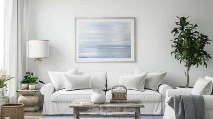 Fototapeta na wymiar A serene coastal living room featuring a silver frame mockup showcasing a seascape painting.