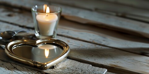 candle in a glass and heart shaped mirror on an old wooden floor.
