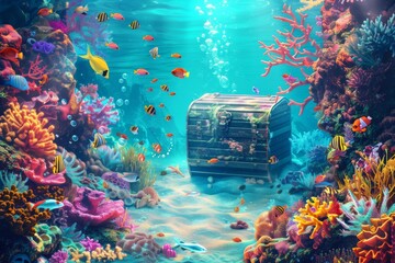 Whimsical underwater scene with coral reef, tropical fish, and sunken treasure chest, fantasy concept, digital painting