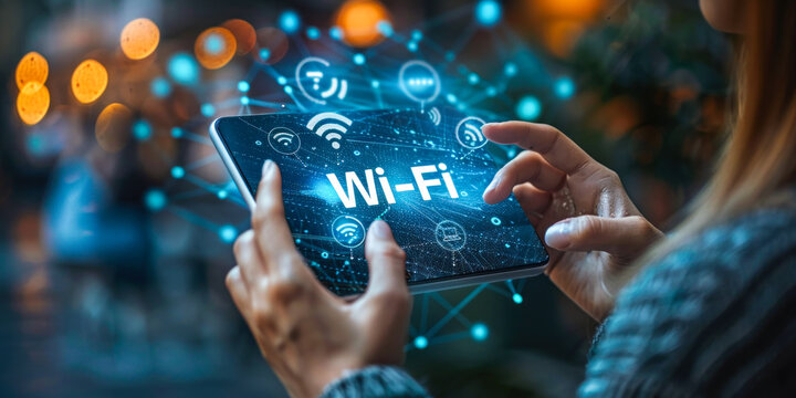 Power of seamless wireless connectivity, futuristic image depicting hands holding a glowing WiFi icon surrounded by app symbols, symbolizing the integration of technology in our digital lives
