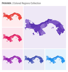 Panama map collection. Country shape with colored regions. Deep Purple, Red, Pink, Purple, Indigo, Blue color palettes. Border of Panama with provinces for your infographic. Vector illustration.