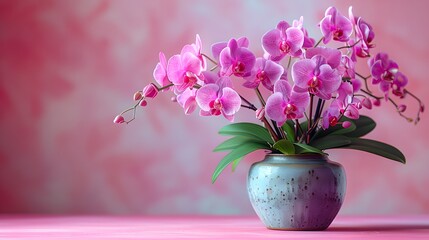 a vibrant purple orchid in a modern ceramic pot, set against a soft pastel background, showcasing...