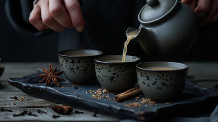 A cropped person is depicted pouring Masala chai from a teapot into ceramic bowls, all neatly arranged on a tray adorned with star anise and cinnamon sticks.