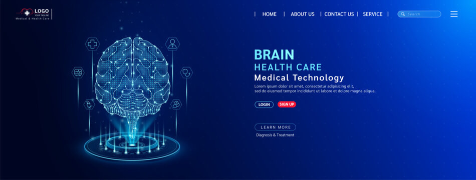 Brain health care. Diagnose disease with technology artificial intelligence. Medical website template layout design. Banner for medical ads online social media. Science medicine business. Vector.