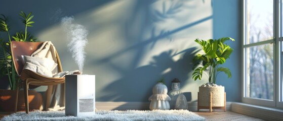 A compact air purifier hums quietly, its bubble shield technology visibly clearing smoke and pollen in a cozy corner , 3D illustration - obrazy, fototapety, plakaty