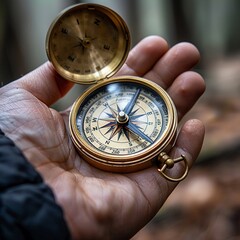 Hand holding a compass during a hike - obrazy, fototapety, plakaty