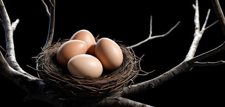 Easter eggs in a bird's nest on branches of trees against a brilliant black background. Generative AI. V-1