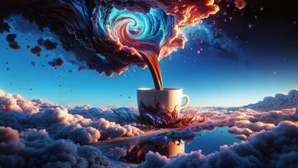 A surreal and mesmerizing image of a swirling vortex of fire and liquid emerging from a coffee cup, creating a stunning contrast against the cloudy sky and reflecting in the water below. - obrazy, fototapety, plakaty