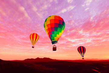 Enchanting Hot Air Balloons Soaring Across a Desert Sky at Vibrant Sunset