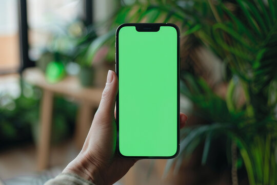 random hand holding mobile phone  mockup with green screen, minimalistic editorial aesthetic