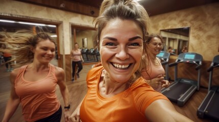 Happy smiling full of life female woman with women team at the gym club, fitness center running on t
