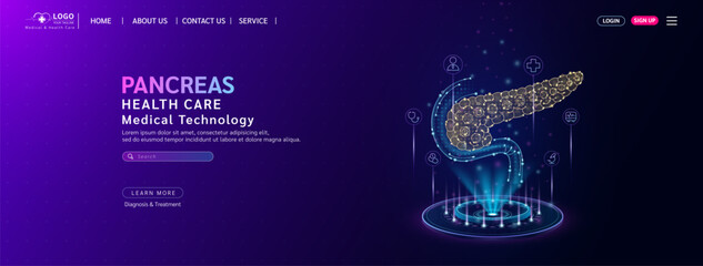 Pancreas health care. Diagnose disease with technology artificial intelligence. Medical website template layout design. Banner for medical ads online social media. Science medicine business. Vector. - obrazy, fototapety, plakaty