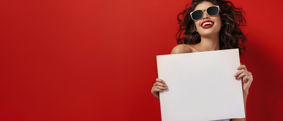Mulher feliz com roupas fashion segurando um cartaz em branco isolada no fundo vermelho